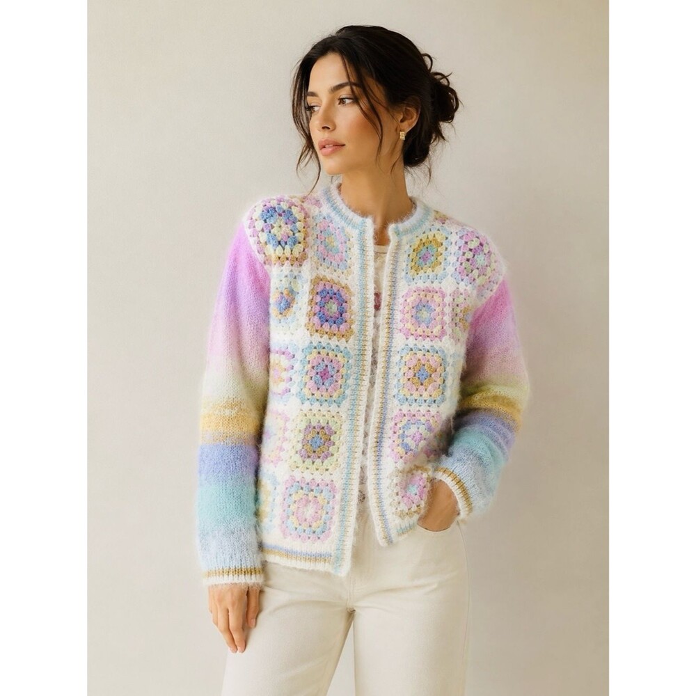 Les Néobourgeoises France 100% Mohair Handmade Granny Square Cardigan New